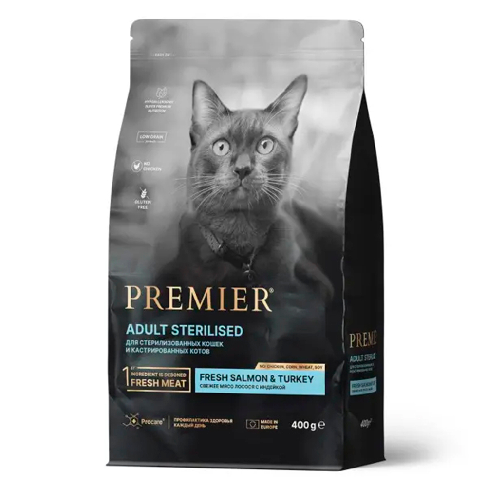Сухой корм Premier Cat Salmon & Turkey Sterilised, для стерилизованных кошек, лосось/индейка, 400 г