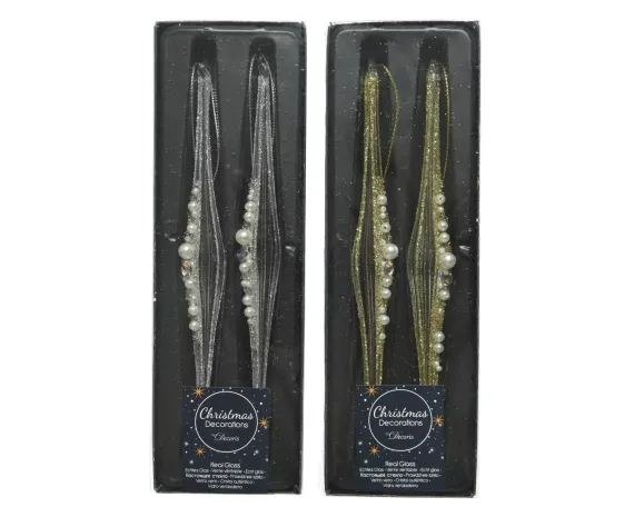 Украшение Сосулька в жемчуге серебро 20 см., 2 шт., стекло, Kaemingk (120243/1)