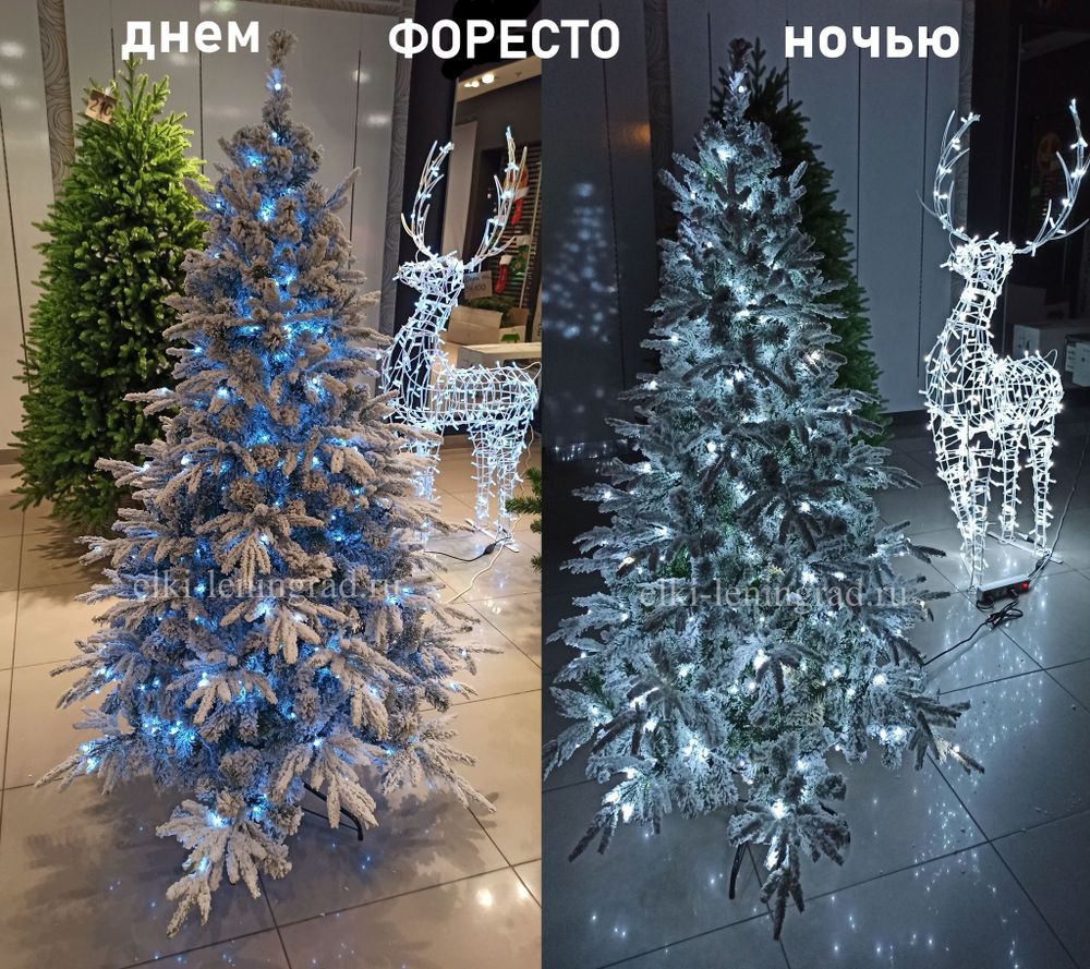 Заснеженная елка с гирляндой «Форесто» холодный свет (Литая+пвх) 180 см / 1,8 м