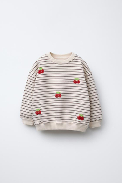 ZARA ТОЛСТОВКА В ПОЛОСКУ С ВЫШИВКОЙ «ВИШНИ», ЭКРЮ