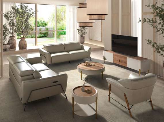 3-местный диван с реклайнером из песочной кожи, модель 6264