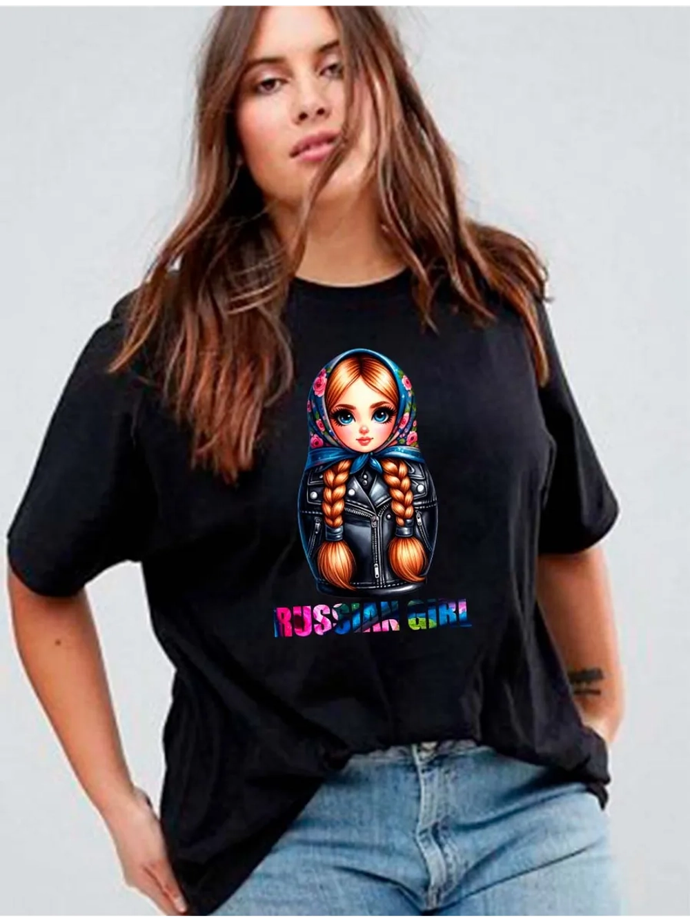 Футболка черная с матрешкой russian girl