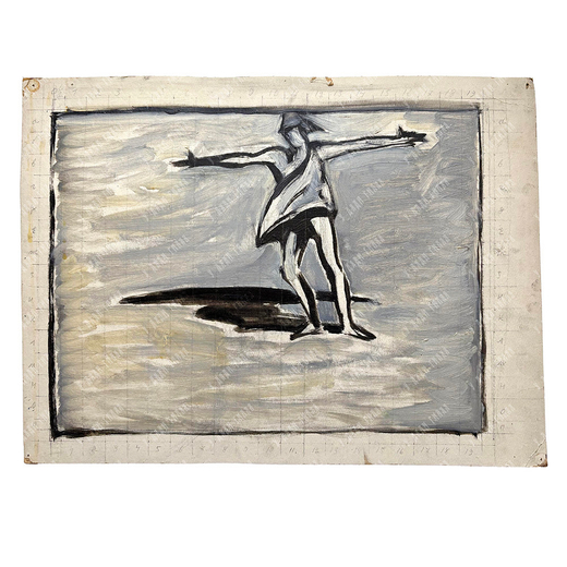 Динес Ю. С. Орлёнок с распростёртыми руками на сером фоне. Эскиз. Холст на картоне, масло. 1950