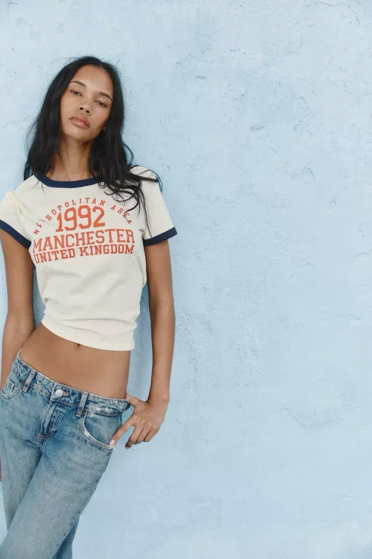 ZARA ФУТБОЛКА С НАДПИСЬЮ, ЭКРЮ