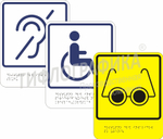 Комплект тактильно-визуальных знаков из 3 шт. Доступность объекта по зрению, слуху и креслах-колясках из 3 шт. Размером 200х160 мм на ПВХ 3 мм.