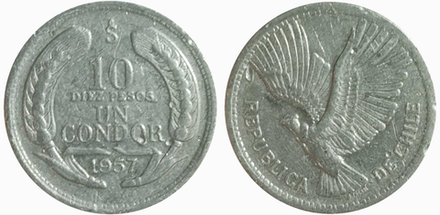 Чили 10 песо, 1956 - 1959 Кондор VF