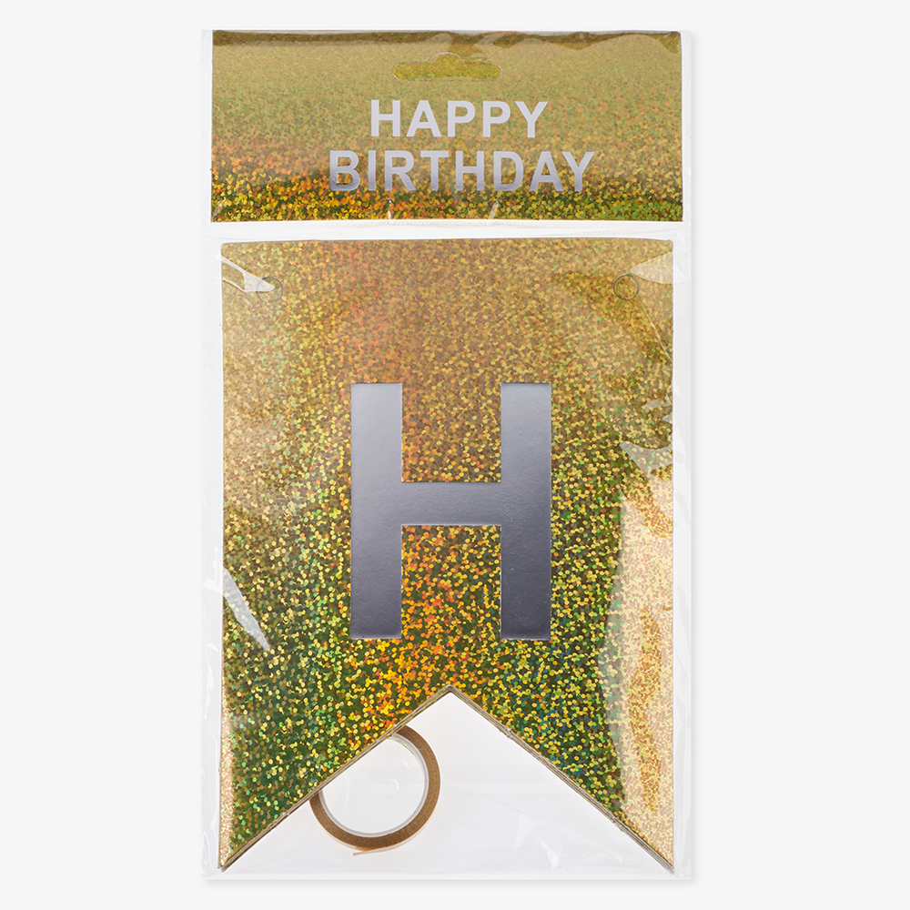 Гирлянда Флажки, Happy Birthday, Золото, Голография, 350 см, 17*12 см