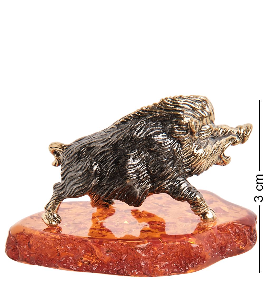 AM- 332 Фигурка «Кабан-вепрь на подставке» (латунь, янтарь)