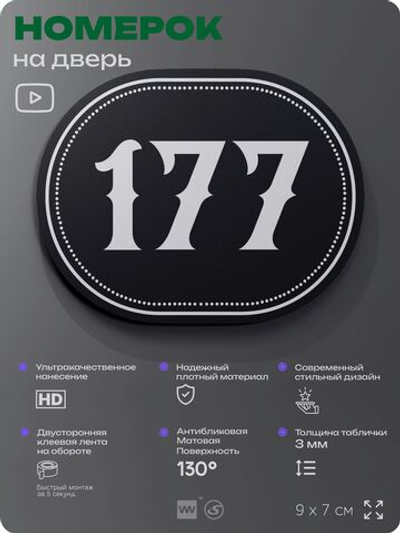 Номерок на дверь квартиры 177, для кабинета, офиса, шильдик 9 х 7 см, черный, Айдентика Технолоджи