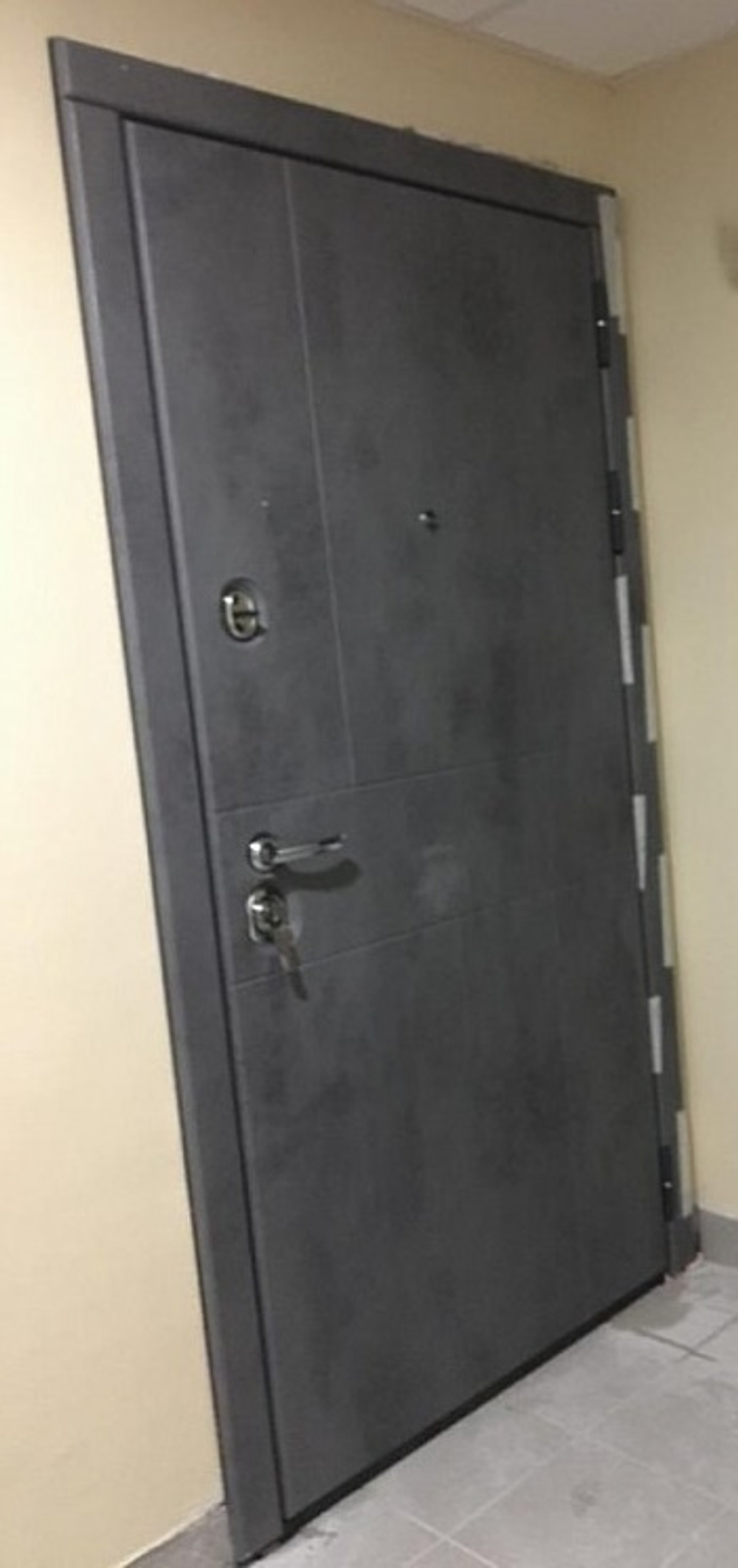 Входная дверь в квартиру с зеркалом Сударь Дива (DIVA) МД-48 М1 темный бетон / рис.М15 Большое зеркало Силк маус (светло-серый, без текстуры)
