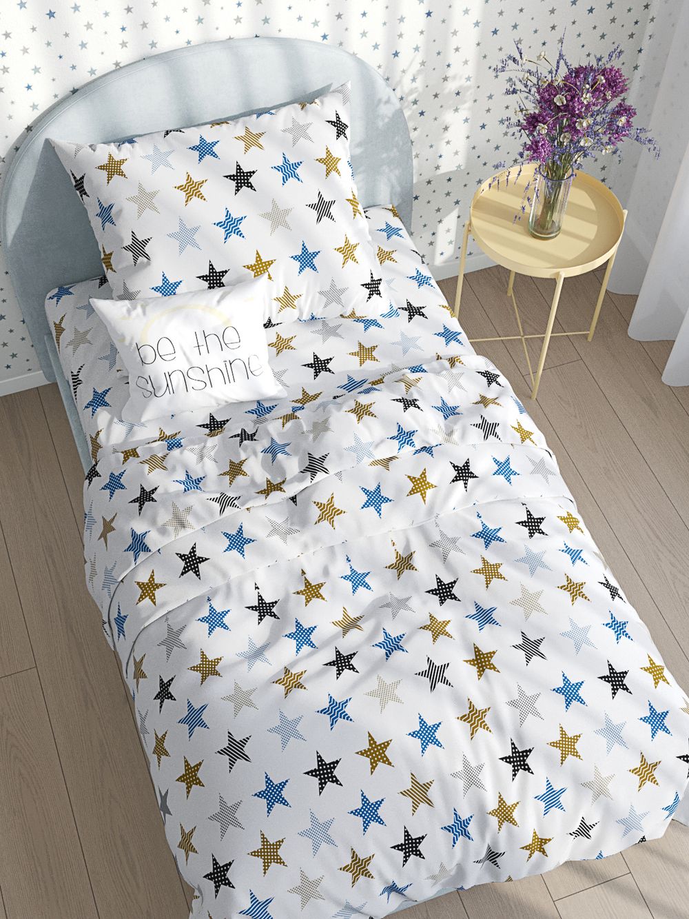 Постельное белье бязь Сказка "Звезды (печворк)" 1,5-сп пододеяльник 145х205 наволочка 50х70 1шт Простынь на резинке 90х200 см