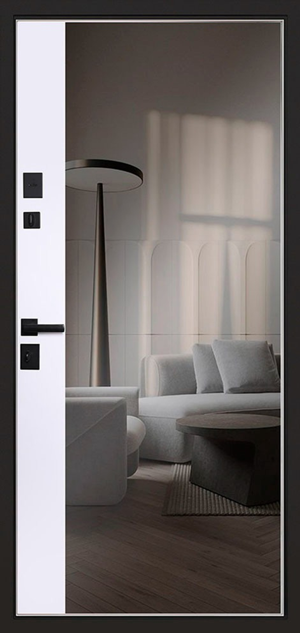 Входная металлическая дверь с зеркалом и декоративной вставкой под дерево - 1053