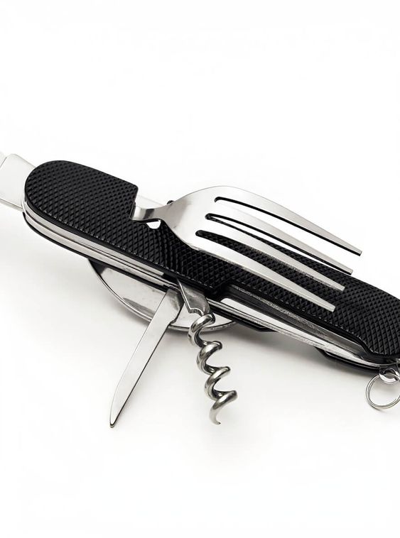 Мультитул 6в1 походный приборы: нож, вилка, ложка, открывашка Черный