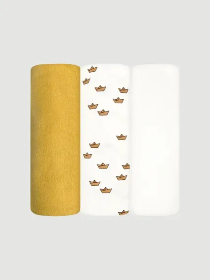 Комплект пелёнок Mjolk Экрю Бумажные кораблики Mustard 3 шт 120 85