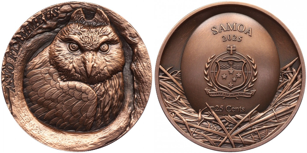 Самоа 25 центов, 2025 Дупло дерева - Короткоухая сова