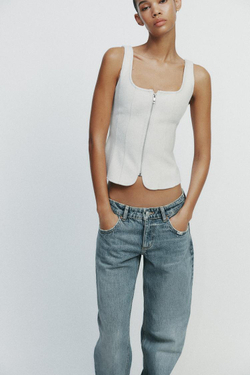 ZARA ТОП ИЗ МЯГКОЙ ТКАНИ С ЗАСТЕЖКОЙ-МОЛНИЕЙ, ЭКРЮ