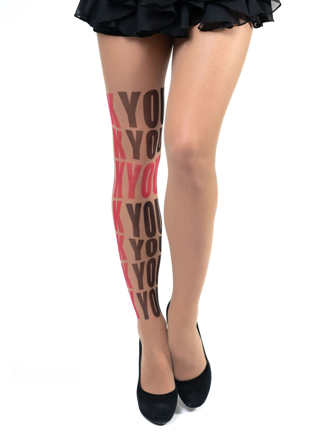 Колготки с красно-черным буквенным принтом на правой ножке (Размер: S-M-L) (Цвет: бежевый)