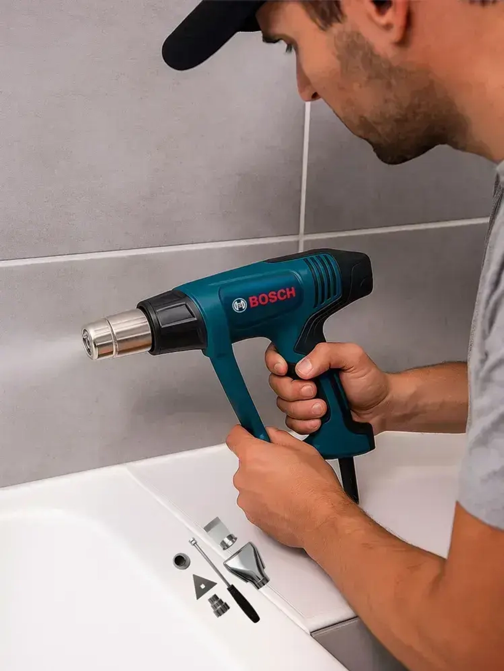 Фен строительный Bosch GHG 20-63, 2000вт, с регулировкой потока ветра и температуры, 4 насадки; технический фен Bosch