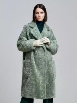 Шуба женская из шерсти мериноса чебурашка тедди, зеленая, SilverFox