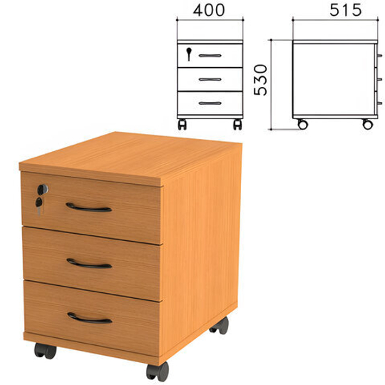 Тумба подкатная "Фея", 400х515х530, 3 ящика, замок, цвет орех милан, ТФ07.5