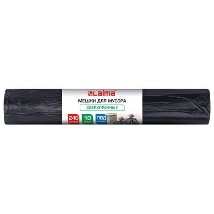 Мешки для мусора 240л черные в рулоне 10 штук сверхпрочные, ПВД 100 мкм, 90x135см, LAIMA, 702684