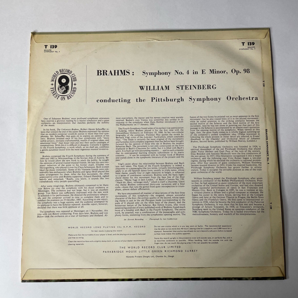 Винтажная виниловая пластинка LP Brahms Брамс, William Steinberg , Conducting The Pittsburgh Symphony Orchestra Симфония Symphony No. 4 (Англия 1961)