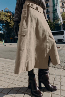 ZARA ЮБКА МИДИ КАРГО С РЕМНЕМ, ПЕСОЧНЫЙ
