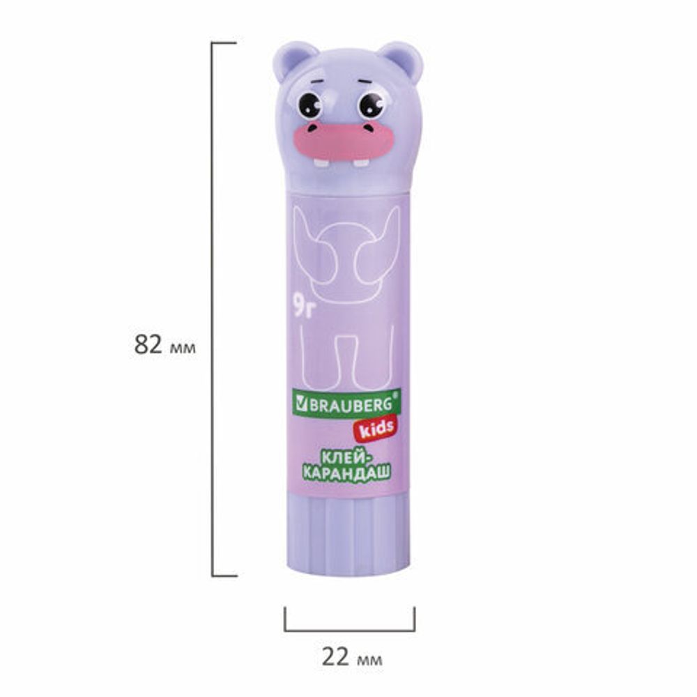 Клей-карандаш "Пастельные зверята: мышка, тигр, бегемот", 9 г, фигурный колпачок, BRAUBERG KIDS, 271140