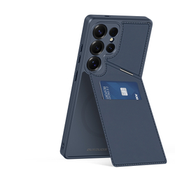 Чехол синего цвета с MagSafe и подставкой-картхолдером от Dux Ducis для Samsung Galaxy S25 Ultra, серия Rafi II Mag Series