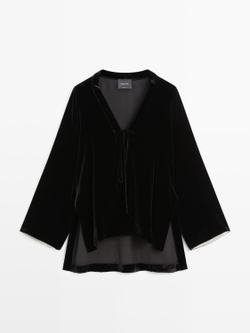 Massimo Dutti Бархатное кимоно с контрастными деталями, черный