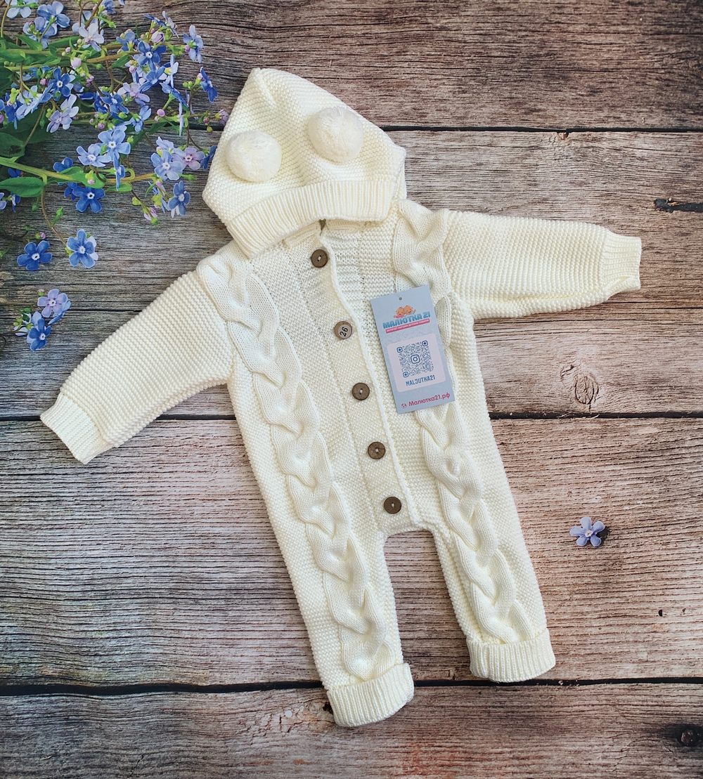 Комбинезон вязаный с капюшоном с пумпонами "АйШах" (штанишки) (Цвет: Фиолетовый, Размер: 26)