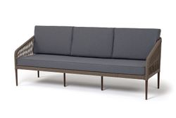 "Канны" диван 3-местный плетеный из роупа, каркас алюминий коричневый (RAL8016) муар, роуп коричневый круглый, ткань темно-серая 027