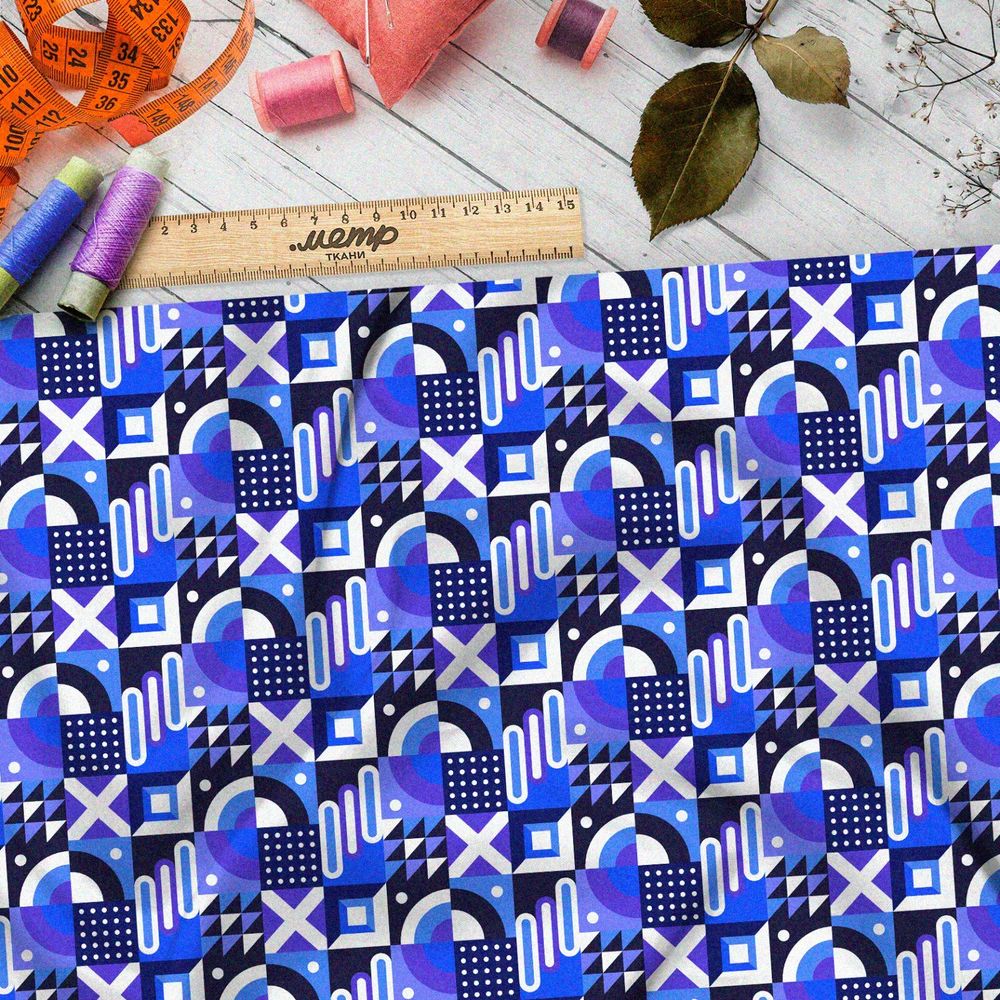 Ткань штапель мелкий графичный узор на синем фоне