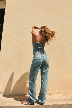 ZARA ДЖИНСЫ Z1975 STRAIGHT С ЗАНИЖЕННОЙ ПОСАДКОЙ И ПОЛОСКАМИ, ВЫЦВЕТШИЙ СИНИЙ