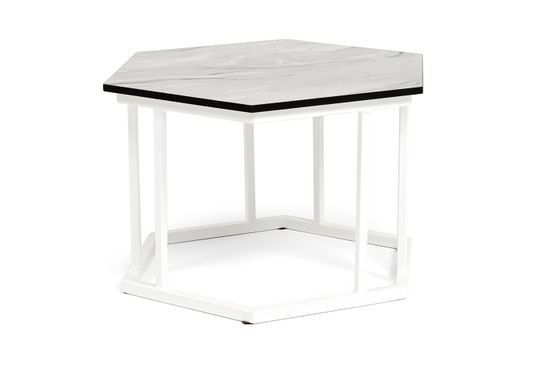 "Женева" интерьерный стол из HPL шестиугольный, D50, H35, цвет "мрамор пепел", каркас из стали белый муар