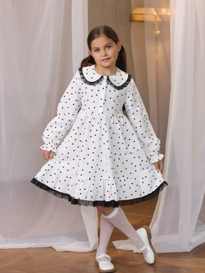 Платье из фланели с длинным рукавом «Париж», цвет белый, сердечки