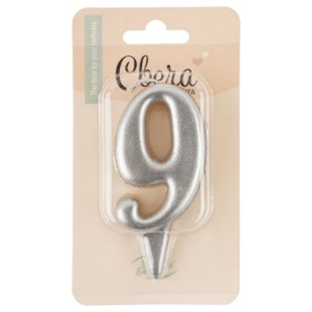 Свеча Цифра, 9 Овал, Серебро, Металлик, 7 см, 1 шт. с держат.
