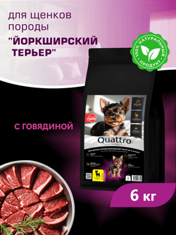 Quattro корм для щенков породы Йоркширский терьер, с говядиной, 6 кг, QUATTRO