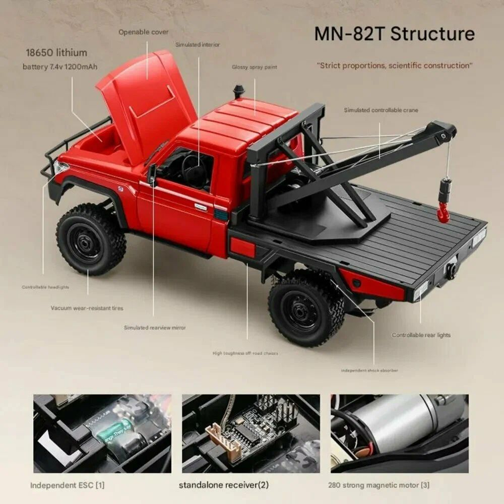 Радиоуправляемая машина MN MODEL, внедорожник с лебедкой Land Cruiser 1:12, 2,4 ГГц, RTR, 4WD - MN-82T-RED
