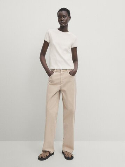 Massimo Dutti Футболка с контрастными деталями, натуральный, кремовый