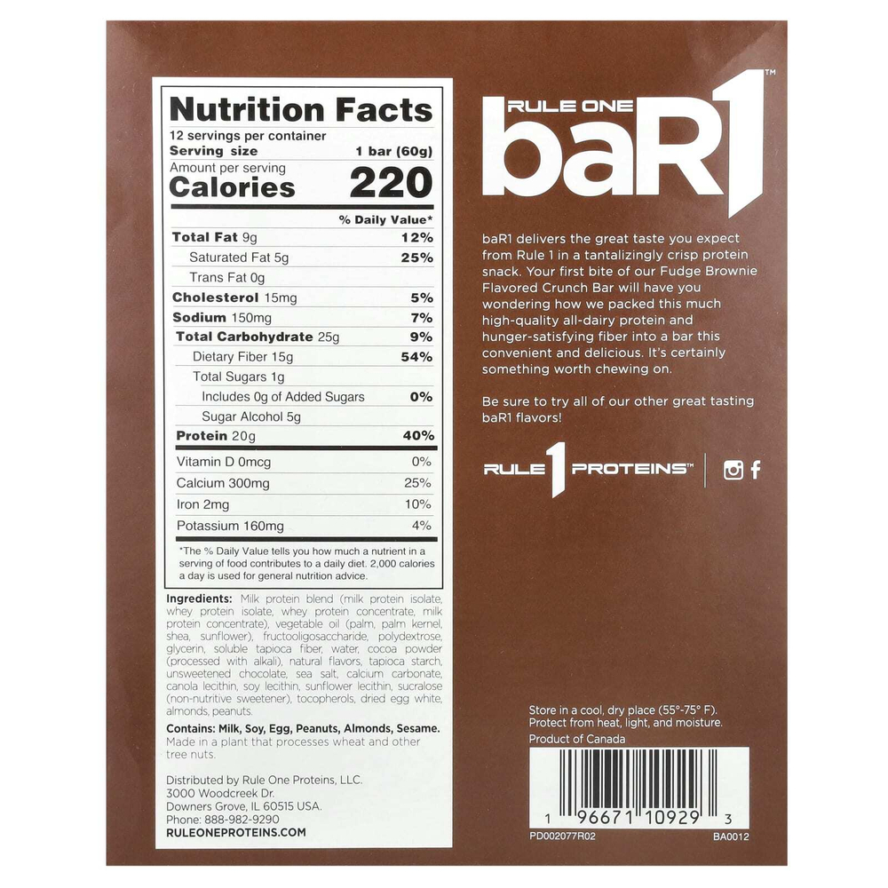 Rule One Proteins, baR1, батончик с хрустящей помадкой, 12 батончиков по 60 г (2,12 унции)