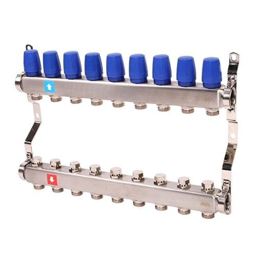 Блок коллекторный MVI из нержавеющей стали DN 25-9 выходов G 3/4, без расходомеров, без дренажного крана и воздухоотводчика, евроконус, MS.409.06
