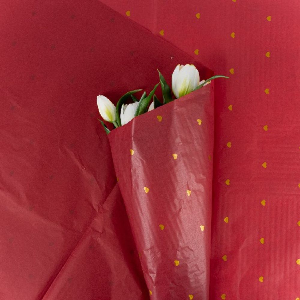 Бумага тишью "Сердечки" 50*70см Бордовый с золотыми серцами (20л)