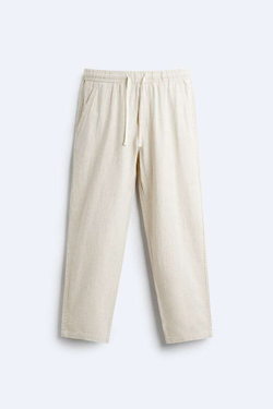 ZARA БРЮКИ ИЗ ХЛОПКА И ЛЬНА, СВЕТЛО-БЕЖЕВЫЙ