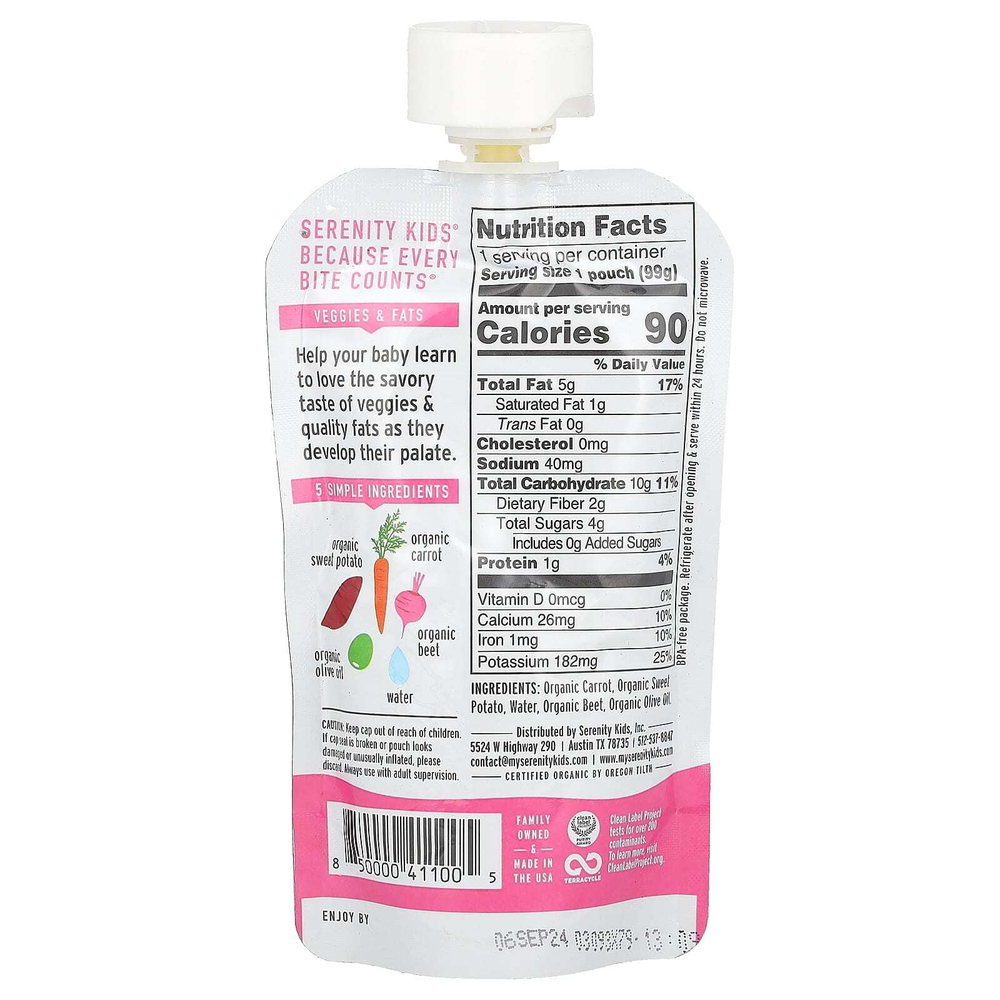 Serenity Kids, Organic Roots, для детей от 6 месяцев, батат, морковь, свекла и оливковое масло, 99 г (3,5 унции)
