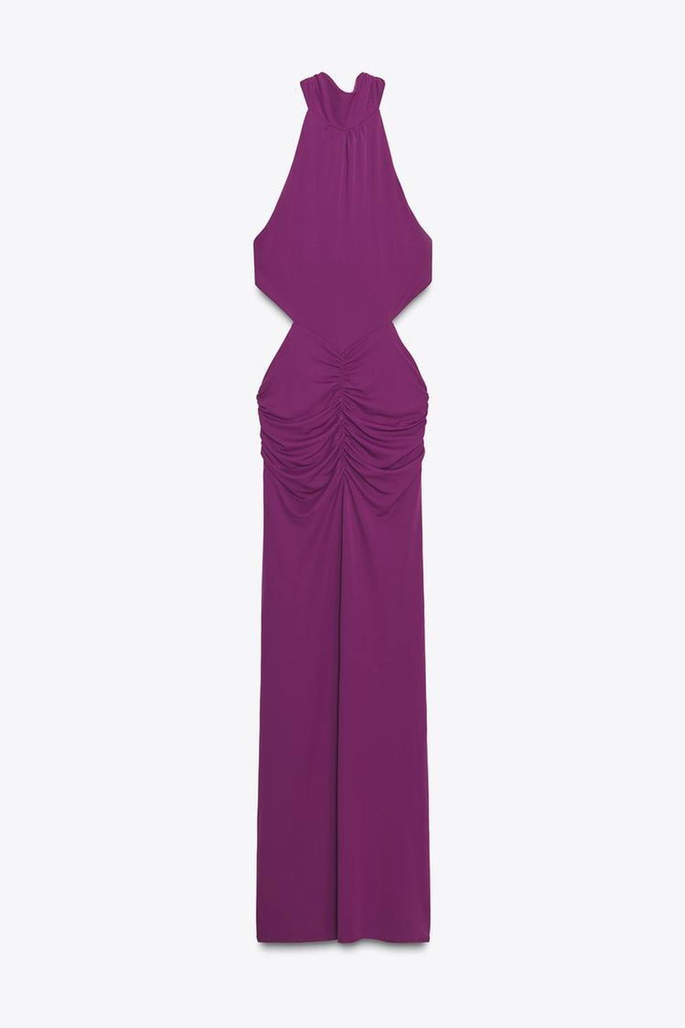 ZARA ДЛИННОЕ ПЛАТЬЕ-ХАЛТЕР СО СБОРКАМИ, ТЕМНО-ЛИЛОВЫЙ