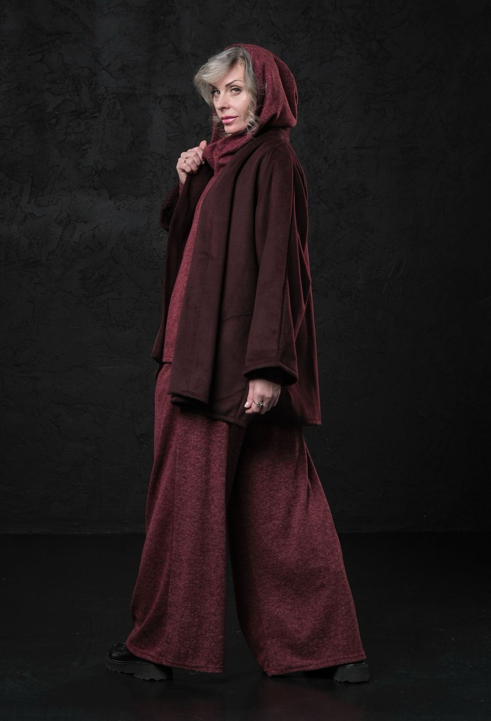 Кимоно -пальто марсала с поясом