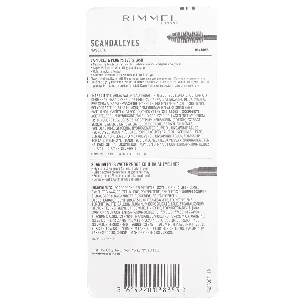 Rimmel London, Verified Eyes, тушь для ресниц с водостойким гелевым карандашом, оттенок 003 насыщенный черный, набор из 2 предметов