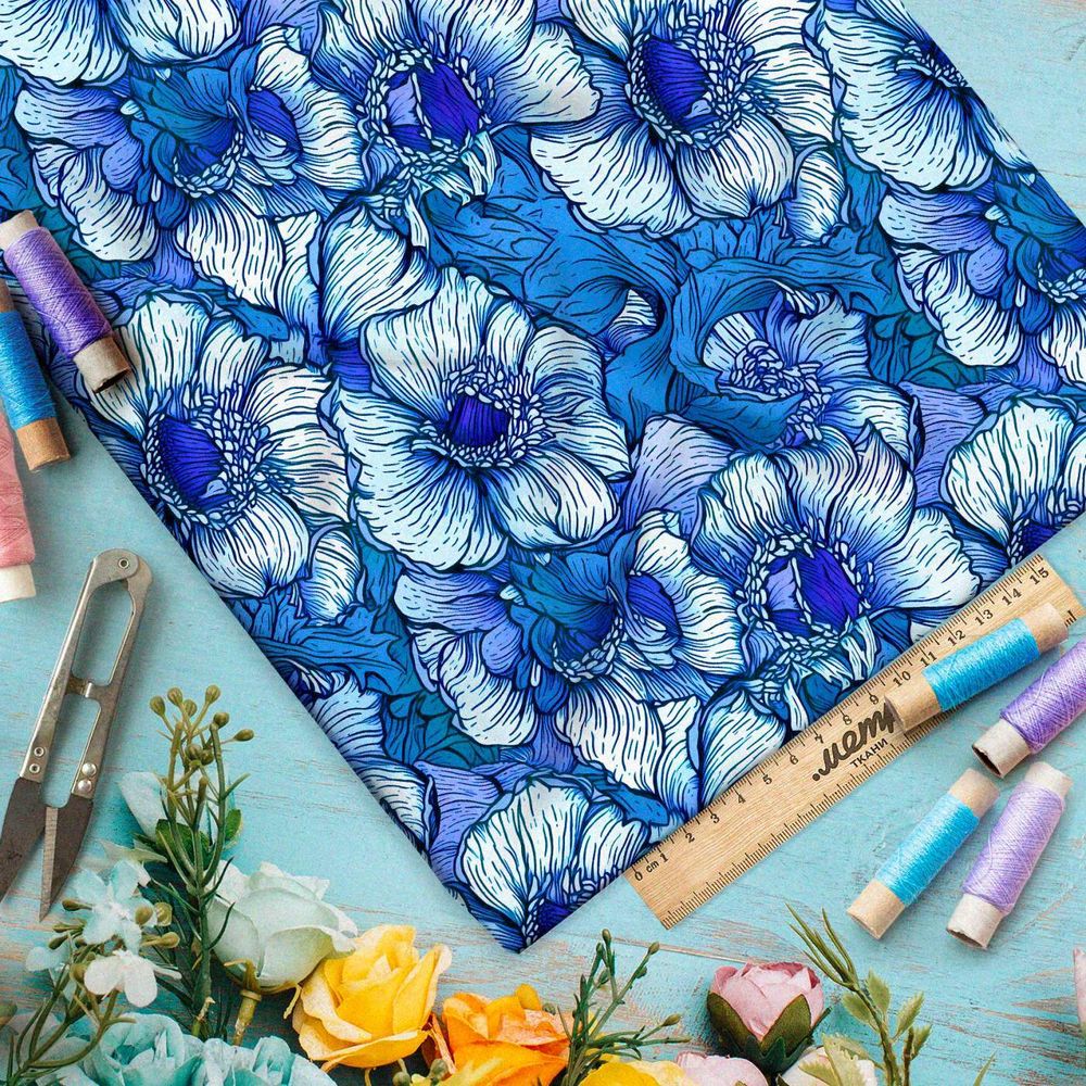 Ткань премиум атлас бело-голубой цветник