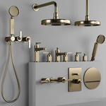 Смесителя Gessi Venti20, настенный на 2 выхода с переключателем, выводом воды и держателем лейки, внешние части, цвет Brushed Brass PVD